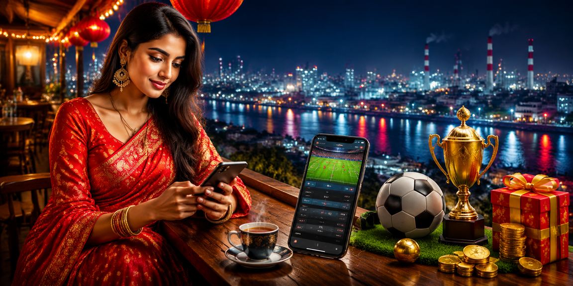 নারায়ণগঞ্জে শাড়ি পরা একজন নারী মোবাইলে ফুটবল বেটিং দেখছেন